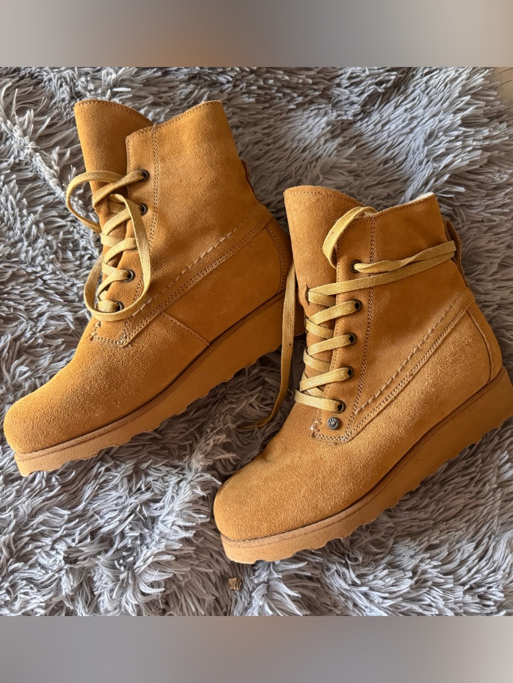 BearPaw Women's Suede Lace-Up Wedge Boots - Mustard